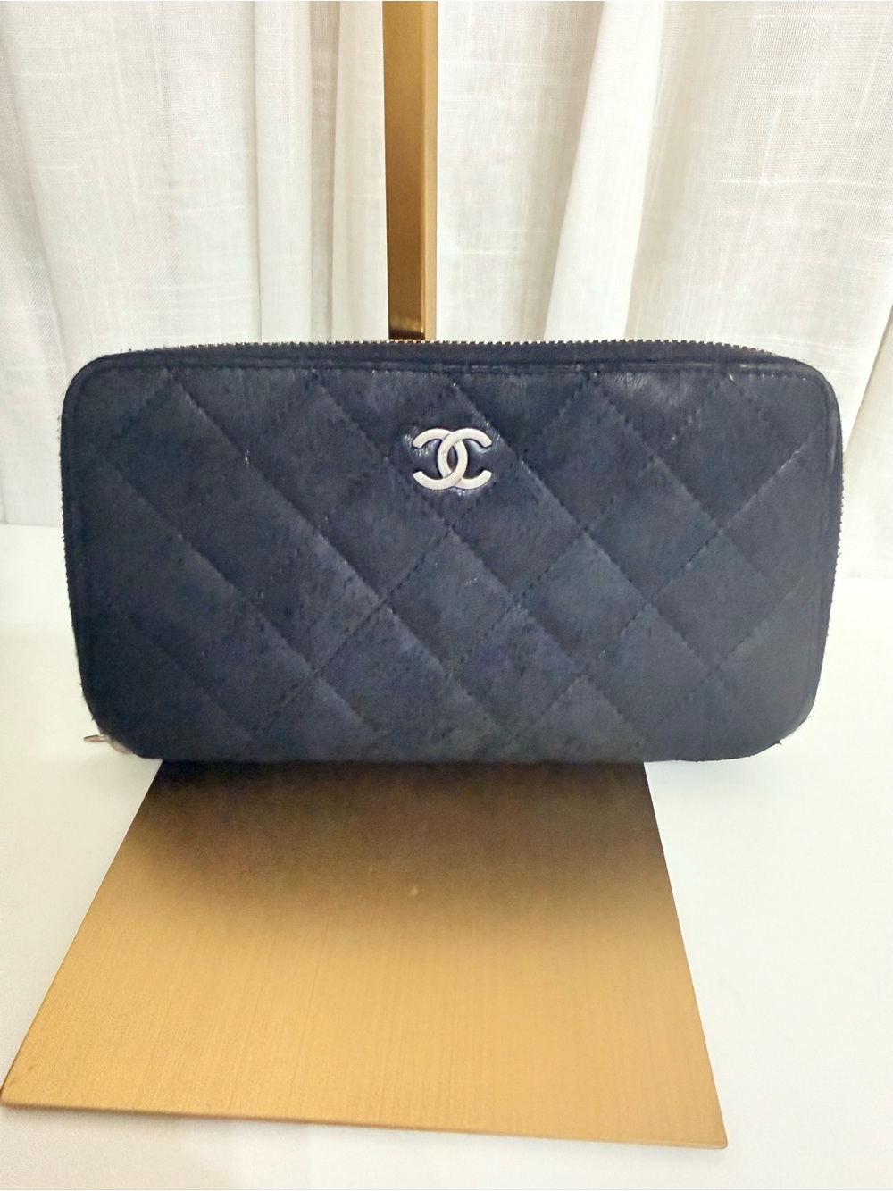 Chanel Black Quilted Velvet Zip Around Wallet withSilver CC Logo